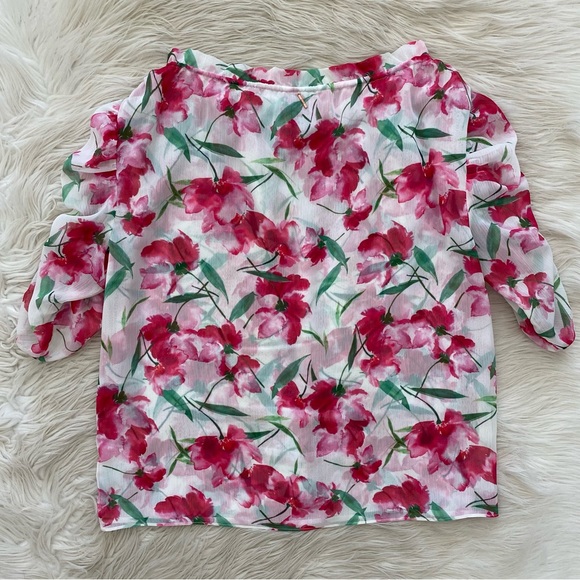 MISA Red Pink Fuchsia Floral Watercolor Chiffon Sera Top Short Sleeve Blouse - Picture 7 of 14